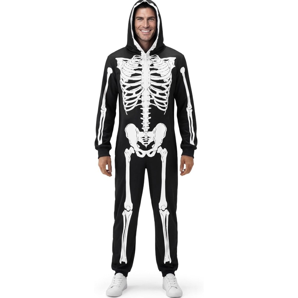 Spooktacular Creations Unisex Skeleton Jumpsuit and Hood Costume Sz XL Halloween